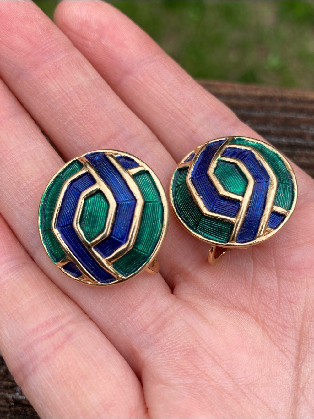 Vintage Marcel Boucher Green & Blue Enamel Geometric Signed Clip-On Earrings